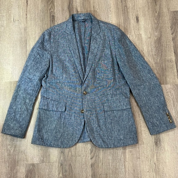 J. Crew Size L Linen Cotton Blend Blue Crosshatch Mainline 2 Button Sport Coat - Picture 1 of 15